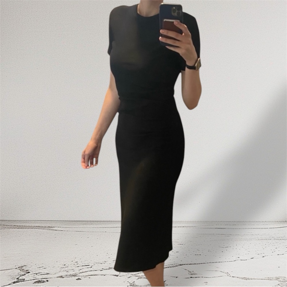 Zara Black Ribbed Ruched Midi Dress Short Sleeve Bodycon Minimalist Size M